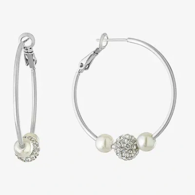 Sparkle Allure Silver Reflections Crystal Simulated Pearl Pure Silver Over Brass Hoop Earrings