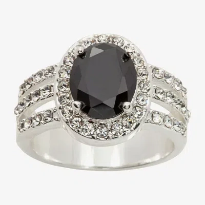 Sparkle Allure Split Shank Womens Black Crystal Pure Silver Over Brass Oval Halo Cocktail Ring In Metallic