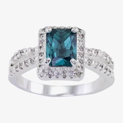 Sparkle Allure Split Shank Womens Blue Crystal Pure Silver Over Brass Halo Cocktail Ring In Transparent