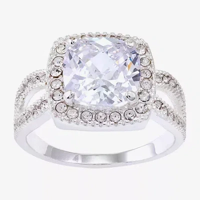Sparkle Allure Split Shank Womens Cubic Zirconia Pure Silver Over Brass Cushion Halo Cocktail Ring In Transparent