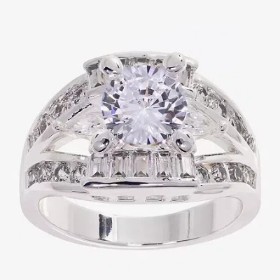 Sparkle Allure Split Shank Womens Cubic Zirconia Pure Silver Over Brass Round Engagement Ring In Metallic