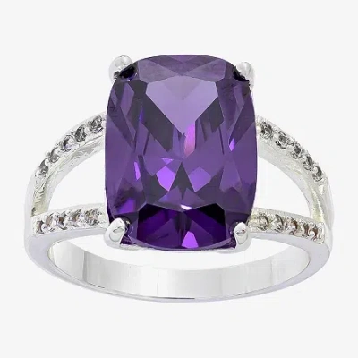 Sparkle Allure Split Shank Womens Purple Cubic Zirconia Pure Silver Over Brass Solitaire Cocktail Ring In Transparent