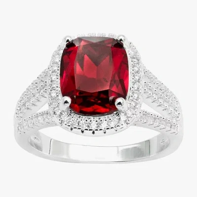 Sparkle Allure Split Shank Womens Red Crystal Pure Silver Over Brass Rectangular Halo Cocktail Ring In Transparent