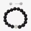 Sparkle Allure Stretch Bracelet & Stud Earring Womens Black Onyx Pure Silver Over Brass 2-pc. Jewelry Set In Black