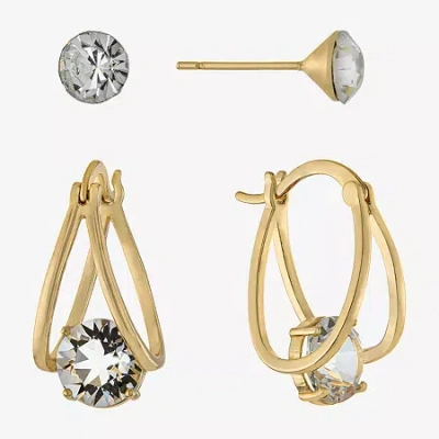 Sparkle Allure Stud & Hoop Womens Crystal 24k Gold Over Brass 2 Pair Earring Set In Transparent