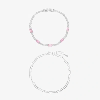 Sparkle Allure Tennis & Chain Womens 2-pc. Pink Cubic Zirconia Pure Silver Over Brass Bracelet Set In Multi