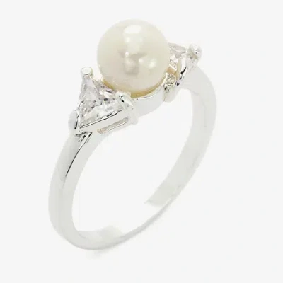 Sparkle Allure Three Stone Womens Simulated Pearl Pure Silver Over Brass Round 3-stone Side Stone Cocktail Ring In Metallic