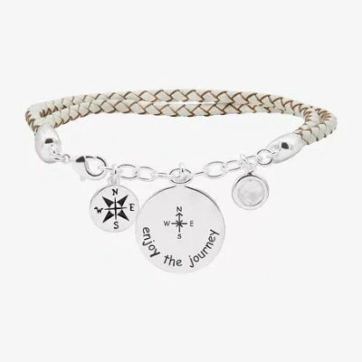 Sparkle Allure White Leather Compass Womens Cubic Zirconia Pure Silver Over Brass Round Charm Bracelet In Metallic