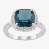 Sparkle Allure Womens Blue Crystal Pure Silver Over Brass Cushion Halo Cocktail Ring In Transparent