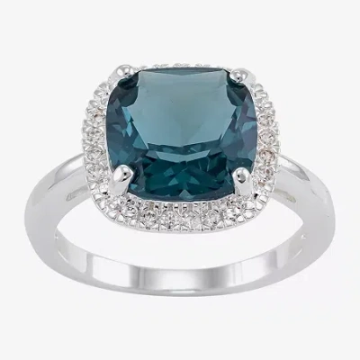 Sparkle Allure Womens Blue Crystal Pure Silver Over Brass Cushion Halo Cocktail Ring In Transparent