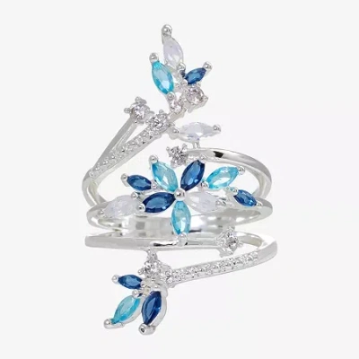 Sparkle Allure Womens Blue Crystal Pure Silver Over Brass Flower Cluster Cocktail Ring In Transparent