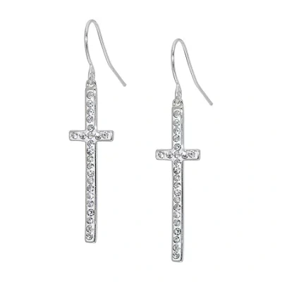 Sparkle Allure Womens Crystal Pure Silver Over Brass Cross Drop Earrings In Transparent