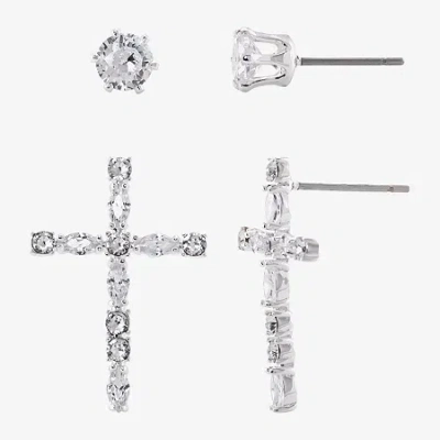 Sparkle Allure Womens Cubic Zirconia Cross 2 Pair Earring Set In Silver