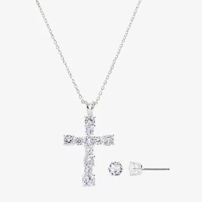 Sparkle Allure Womens Cubic Zirconia Pure Silver Over Brass Cross 2-pc. Jewelry Set In White
