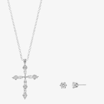 Sparkle Allure Womens Cubic Zirconia Pure Silver Over Brass Cross 2-pc. Jewelry Set In Metallic