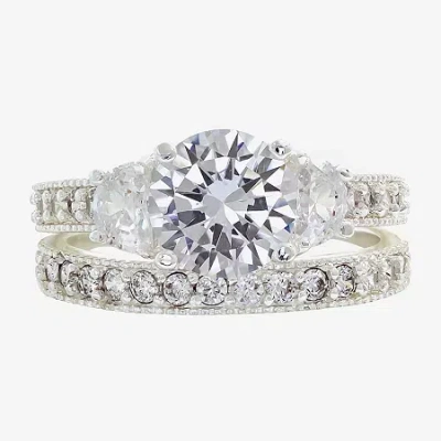 Sparkle Allure Womens Cubic Zirconia Pure Silver Over Brass Round Side Stone Eternity Bridal Set In Metallic