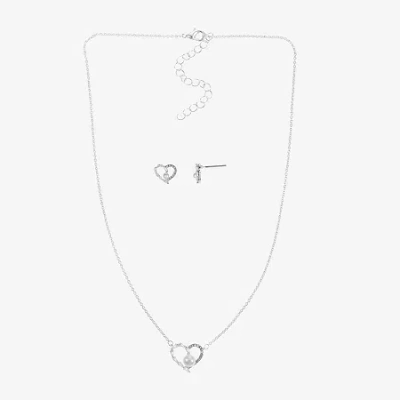Sparkle Allure Womens Cubic Zirconia Simulated Pearl Pure Silver Over Brass Heart 2-pc. Jewelry Set In Metallic