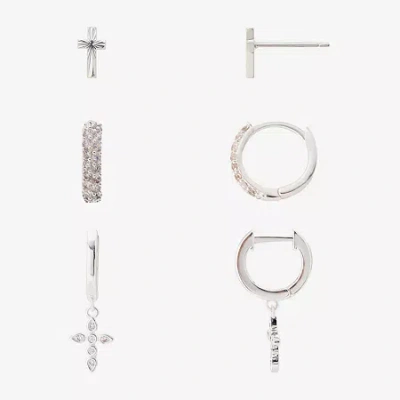 Sparkle Allure Womens Genuine Cubic Zirconia Round 3 Pair Earring Set In Silver