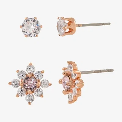 Sparkle Allure Womens Pink Cubic Zirconia 18k Rose Gold Over Brass Flower 2 Pair Earring Set In Transparent