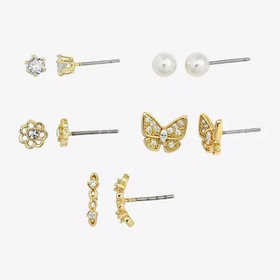 Sparkle Allure Womens Simulated Pearl 14k Gold Over Brass Butterfly Flower 5 Pair Earring Set In Transparent