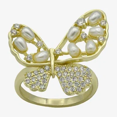 Sparkle Allure Womens Simulated Pearl Cubic Zirconia 14k Gold Over Brass Butterfly Cocktail Ring In Transparent