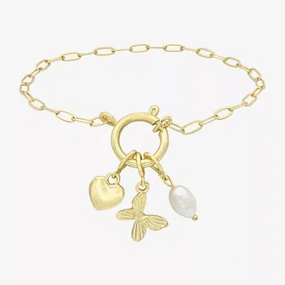 Sparkle Allure Womens White Cultured Freshwater Pearl 14k Gold Over Brass Butterfly Heart Charm Bracelet In Transparent