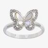 Sparkle Allure Womens White Mother Of Pearl Pure Silver Over Brass Butterfly Halo Cocktail Ring In Transparent