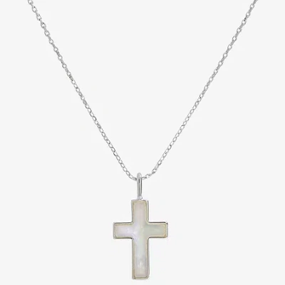 Sparkle Allure Womens White Mother Of Pearl Pure Silver Over Brass Cross 16 Inch Pendant Necklace In Transparent