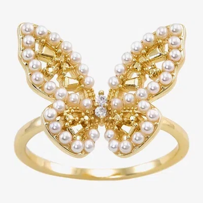 Sparkle Allure Womens White Simulated Pearl 14k Gold Over Brass Butterfly Cocktail Ring In Transparent