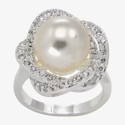 Sparkle Allure Womens White Simulated Pearl Pure Silver Over Brass Cocktail Ring