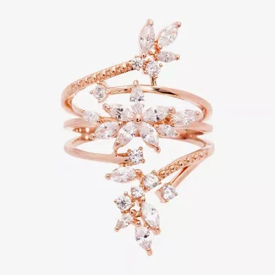 Sparkle Allure Wrap Womens Cubic Zirconia 18k Rose Gold Over Brass Flower Bypass Cocktail Ring