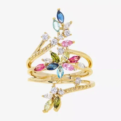 Sparkle Allure Wrap Womens Multi Color Cubic Zirconia 14k Gold Over Brass Flower Bypass Cocktail Ring