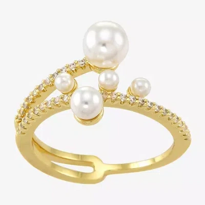 Sparkle Allure Wrap Womens Simulated Pearl Pure Silver Over Brass Cluster Bypass Cocktail Ring In Gold