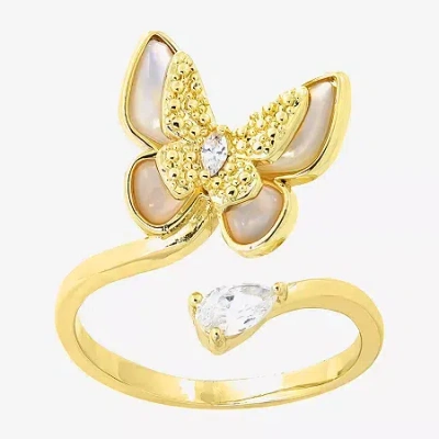 Sparkle Allure Wrap Womens White Mother Of Pearl 14k Gold Over Brass Butterfly Bypass Cocktail Ring