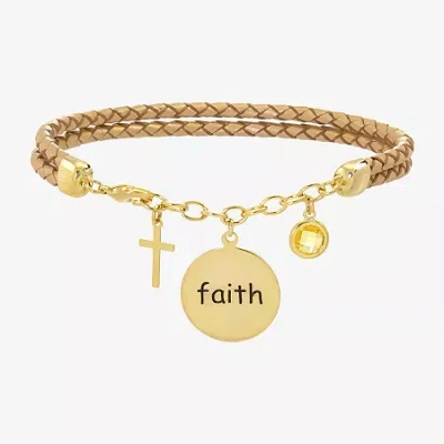 Sparkle Allure Yellow Faith Leather Womens Yellow Crystal 14k Gold Over Brass Cross Charm Bracelet