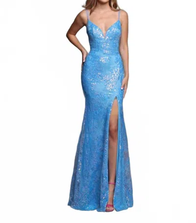 Sparkle Bridal Couture Patterned Sequin Fit & Flare Prom Dress In Blue