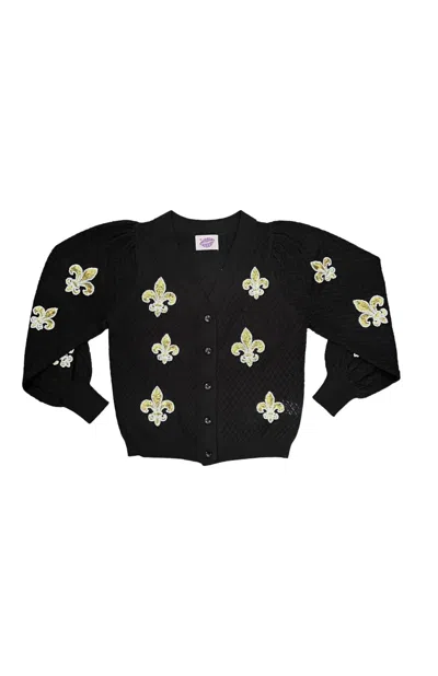 Sparkle City Women's Fleur De Lis Puff Cardigan In Black