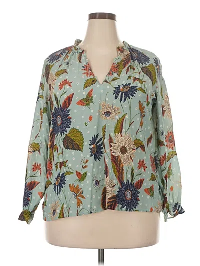 Pre-owned Spartina 449 3/4 Sleeve Silk Top Teal Floral Pattern Plunge Neckline Tops