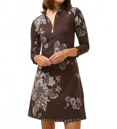 Spartina 449 Etta Floral Half Zip 3/4 Sleeve Fringe Dress In Grey Brown