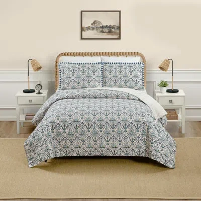 Spartina 449 Hamilton 3-piece Cotton Reversible Quilt Set In Blue;cream