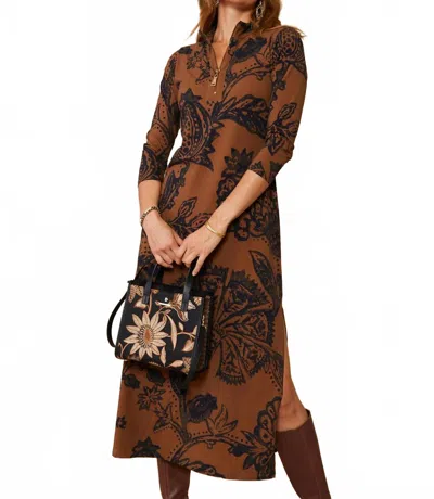 Spartina 449 Nora Half Zip Midi Dress In Brown Woodblock Jacobean In Multi