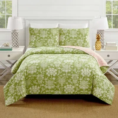 Spartina 449 Queenie Palm Royale 3-piece Cotton Reversible Quilt Set In Green;pink