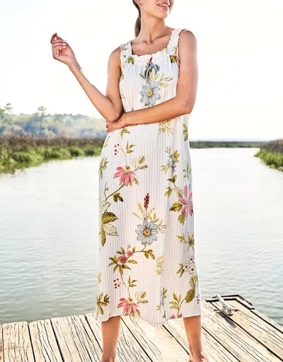 Spartina 449 Sleeveless Nightgown Floral Vine Stripe Blue In White