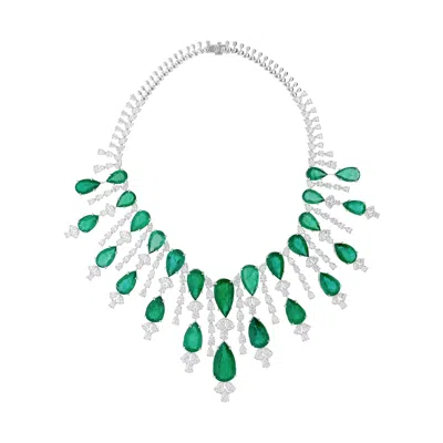 Pre-owned Spectrum Jewels 152.93ct Zambian Emerald 53.78ct Diamond Wedding Choker Necklace 14k White Gold