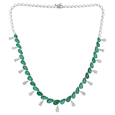 Pre-owned Spectrum Jewels 20.55ct Zambian Emerald Choker Necklace 4.64ct Diamond Drops 14k White Gold
