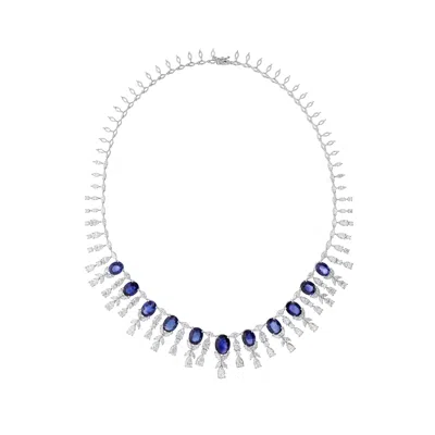 Pre-owned Spectrum Jewels 23.24ct Blue Sapphire 17.57ct Diamond 18k White Gold Wedding Choker Necklace