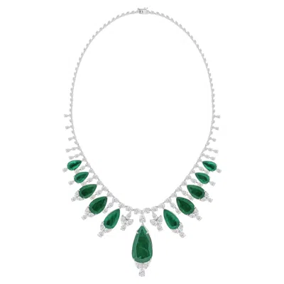 Pre-owned Spectrum Jewels 65 Carat Zambian Emerald 27.11 Carat Si/h Diamond Necklace 18 Karat White Gold