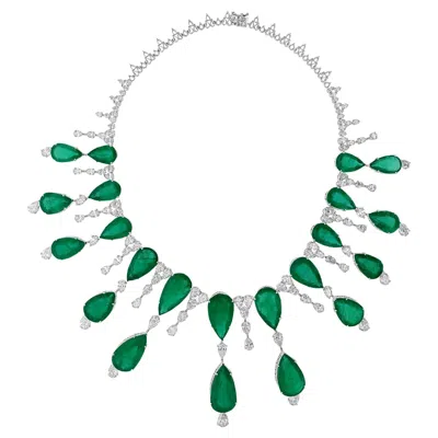 Pre-owned Spectrum Jewels Exquisite Pear 173.64ct Emerald Diamond Fringe Choker Necklace 14k White Gold