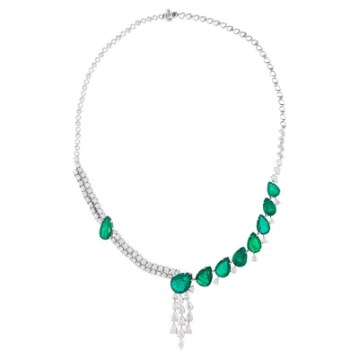 Pre-owned Spectrum Jewels Spectrum 23.98ct Zambian Emerald & 6.85ct Diamond Statement Necklace 18k Gold In Green