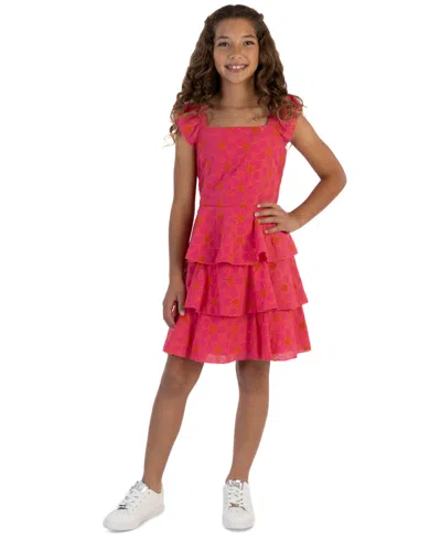 Speechless Kids' Big Girls Embroidered Tiered Knee-length Dress In Fuchsia,ta